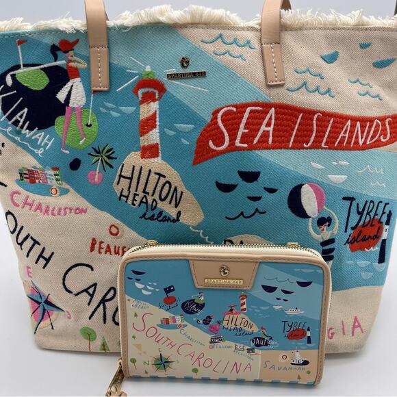 Spartina 449 Sea Islands Embroidered Large Fringe Tote Bag and Wallet Set RARE - Picture 1 of 15